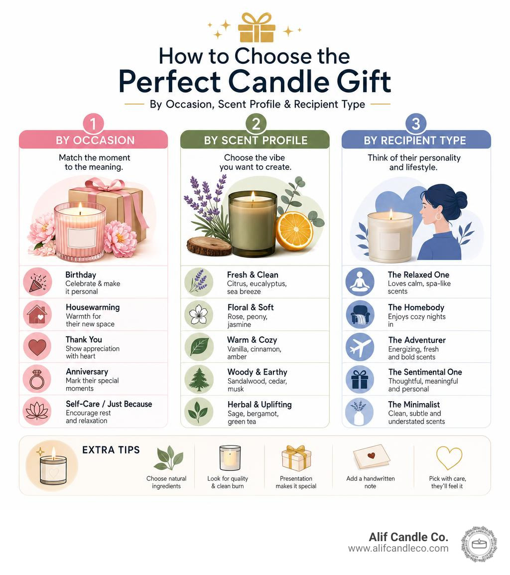 Infographic showing how to choose the perfect candle gift by occasion, scent profile, and recipient type infographic