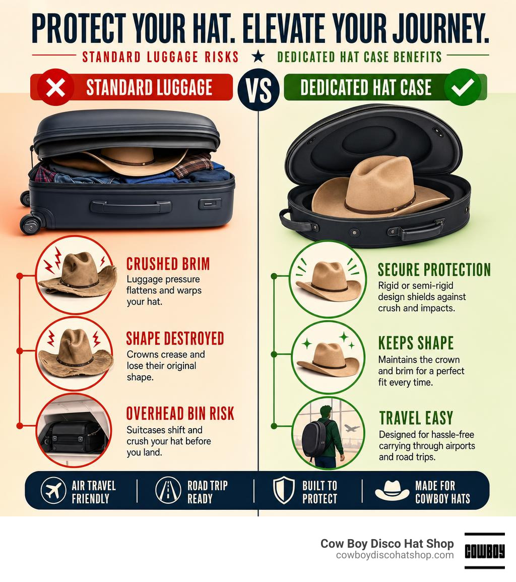 Infographic showing risks of packing cowboy hats in standard luggage vs dedicated hat cases infographic Infographic showing risks of packing cowboy hats in standard luggage vs dedicated hat cases infographic