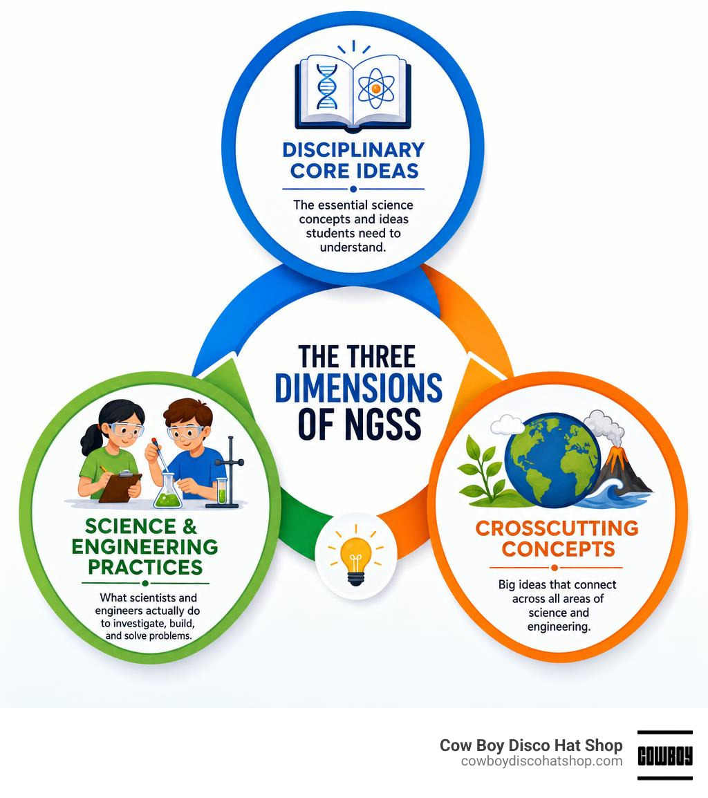Infographic showing the three dimensions of NGSS: Disciplinary Core Ideas, Science and Engineering Practices, Crosscutting