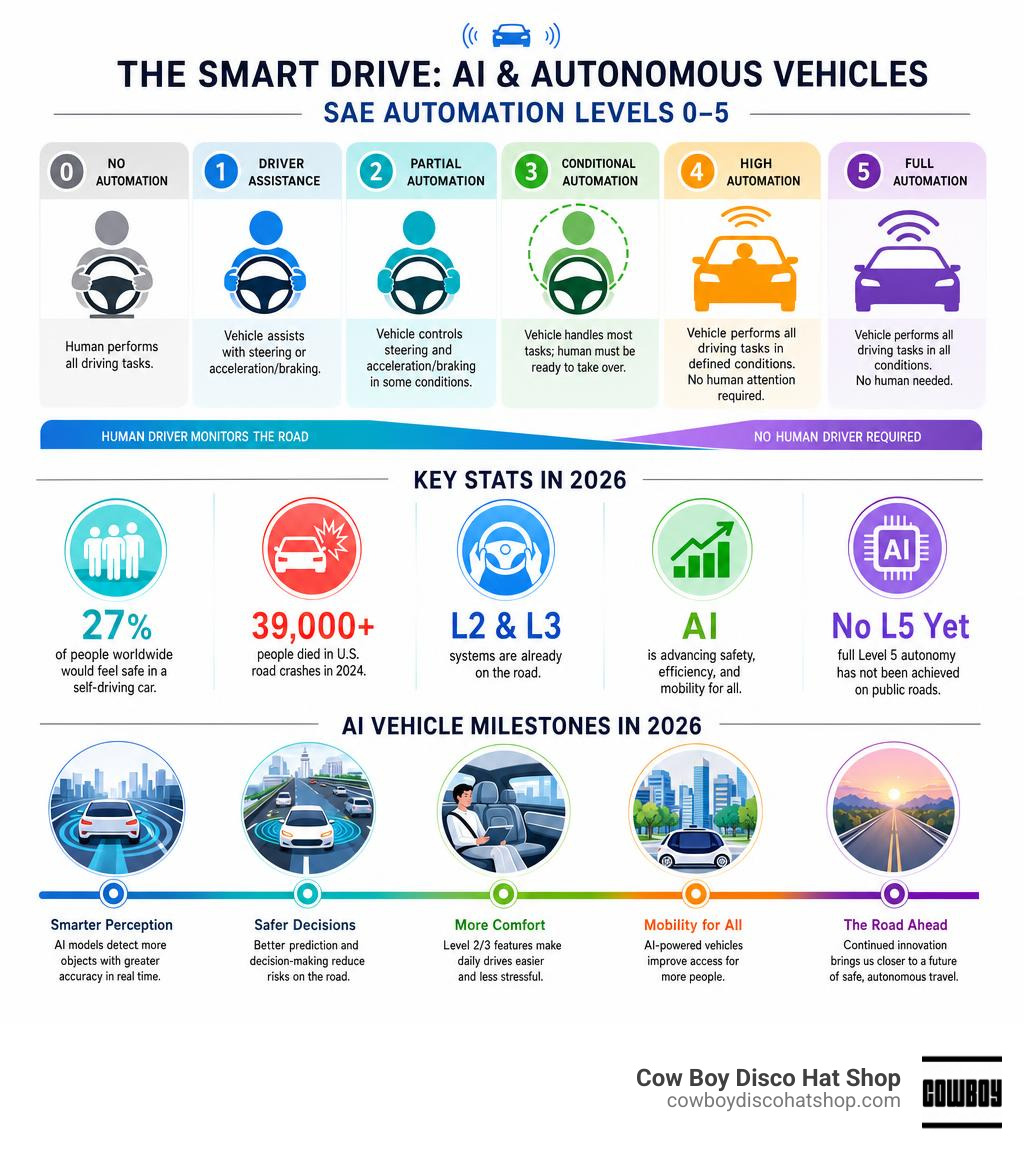 Infographic showing SAE automation levels 0-5, key stats, and AI vehicle milestones in 2026 infographic Infographic showing SAE automation levels 0-5, key stats, and AI vehicle milestones in 2026 infographic