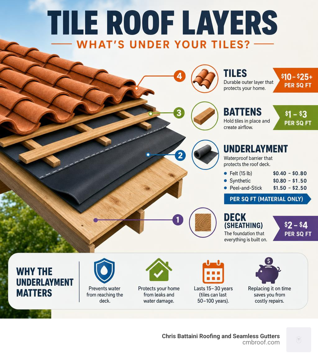 Infographic showing tile roof layers: deck, underlayment types, battens, and tiles with cost ranges infographic
