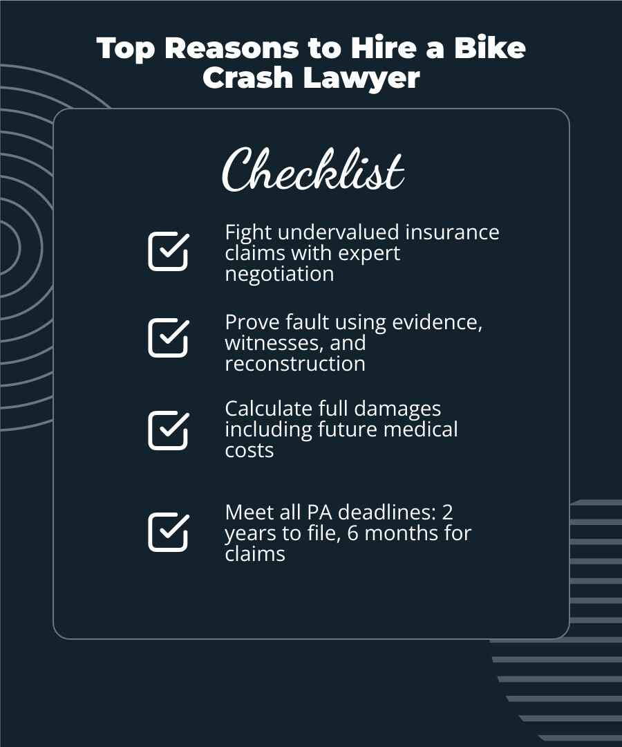 Top reasons to hire a Harrisburg bike crash lawyer with key steps and legal deadlines infographic Top reasons to hire a Harrisburg bike crash lawyer with key steps and legal deadlines infographic