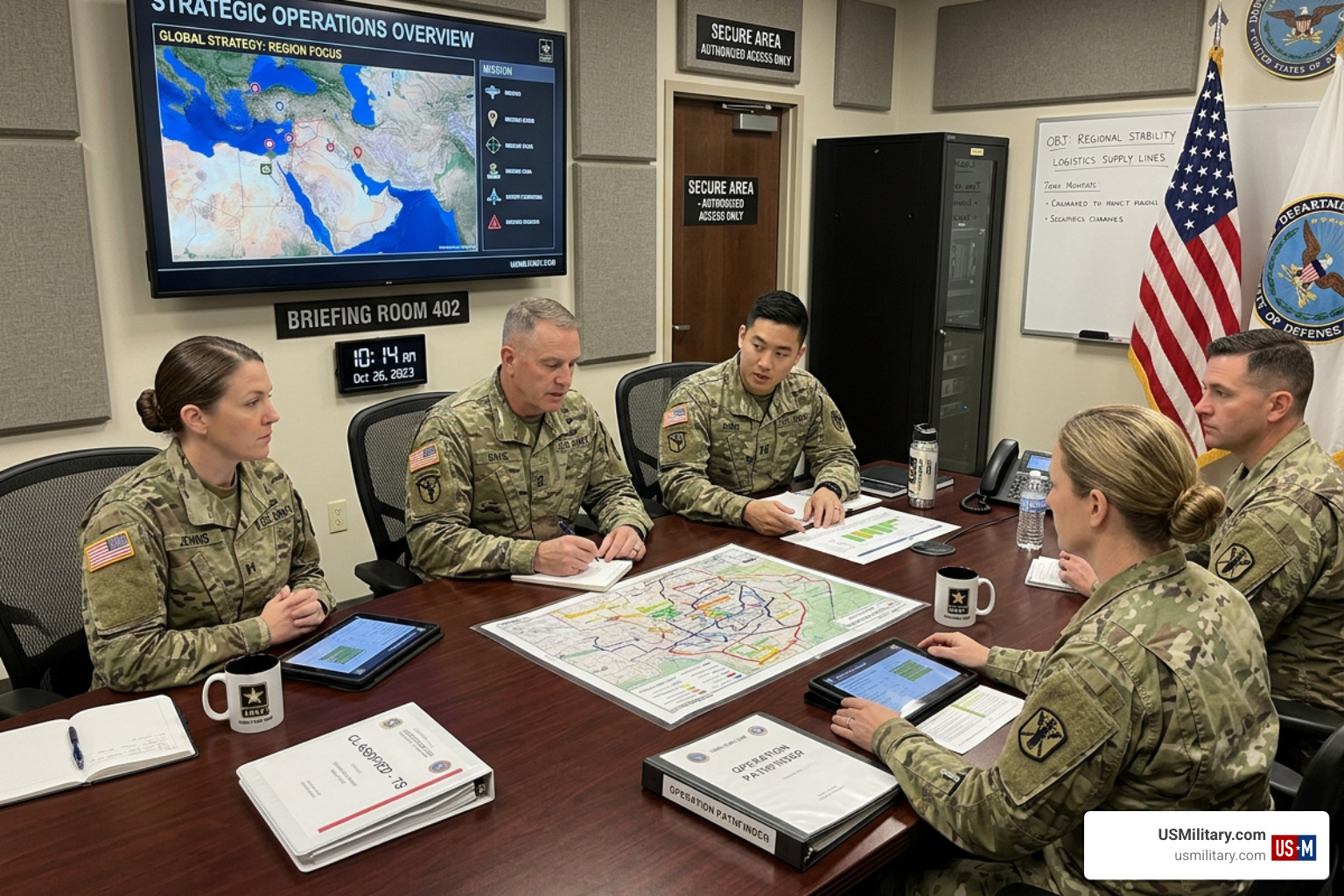 A secure military briefing room with active duty officers discussing strategic plans