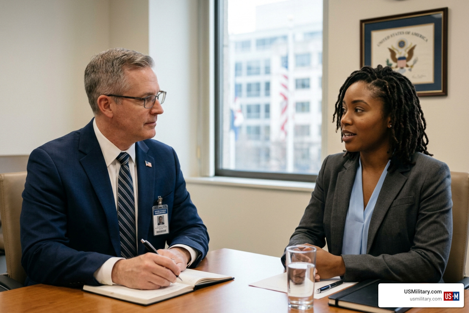 A federal background investigator conducting a security clearance interview with a professional candidate