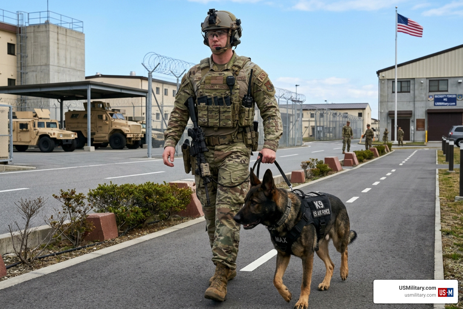 air force k9 dog handler on patrol with military working dog air force k9 dog handler on patrol with military working dog