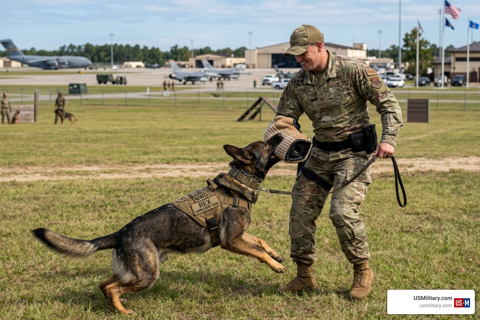 Handler training with a German Shepherd in an open field Handler training with a German Shepherd in an open field