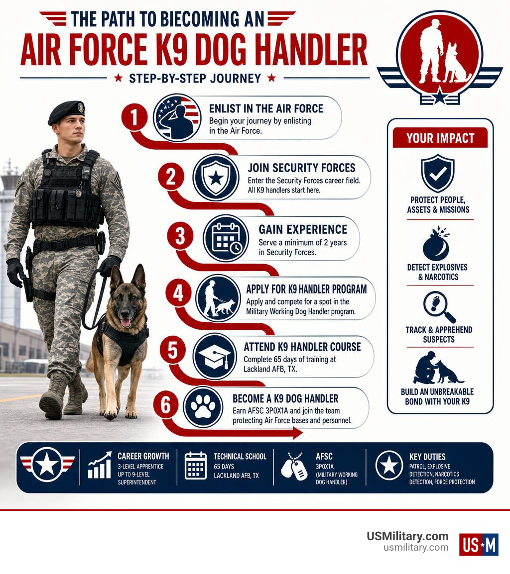 Infographic showing the step-by-step path to becoming an Air Force K9 dog handler infographic Infographic showing the step-by-step path to becoming an Air Force K9 dog handler infographic