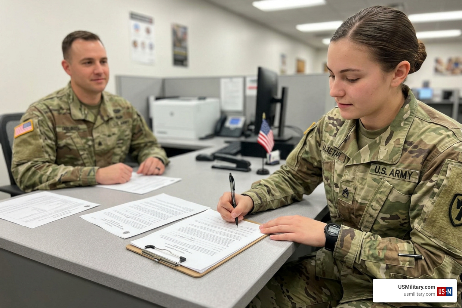 US Army soldier signing their enlistment contract at a military entrance processing station US Army soldier signing their enlistment contract at a military entrance processing station