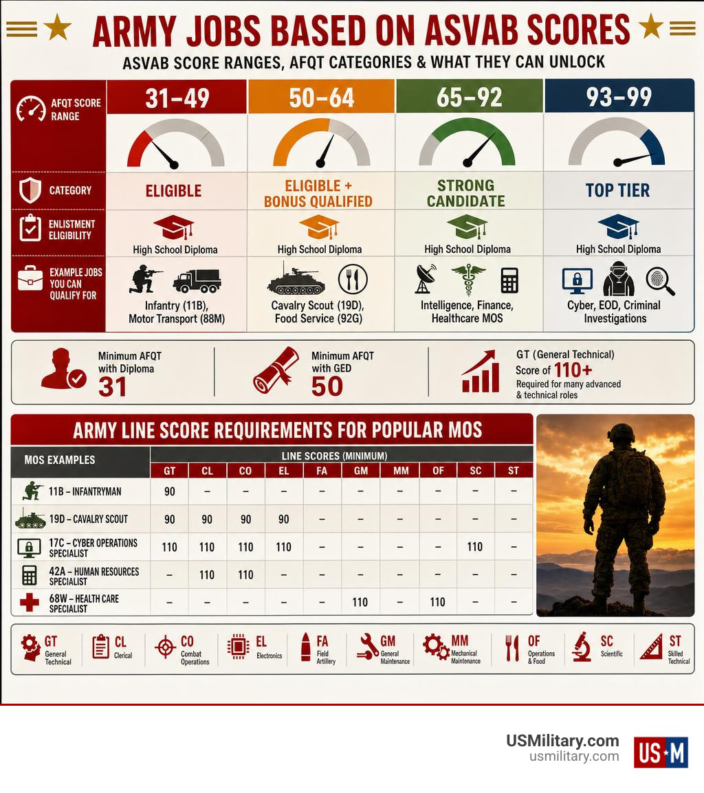 Infographic showing ASVAB score ranges, AFQT categories, and Army line score requirements for popular MOS infographic Infographic showing ASVAB score ranges, AFQT categories, and Army line score requirements for popular MOS infographic