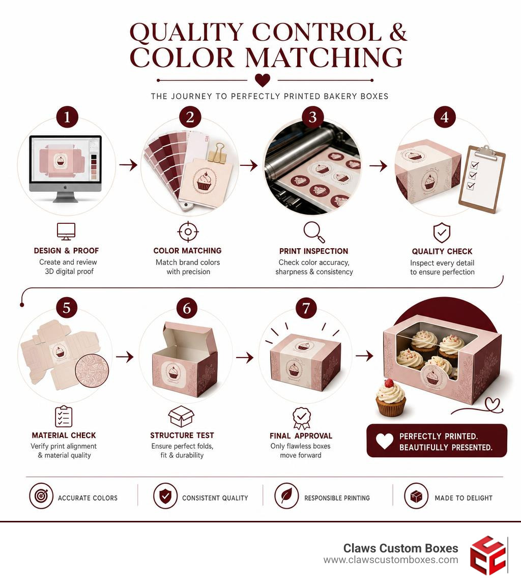 Infographic showcasing quality control and color matching steps in bakery box printing infographic