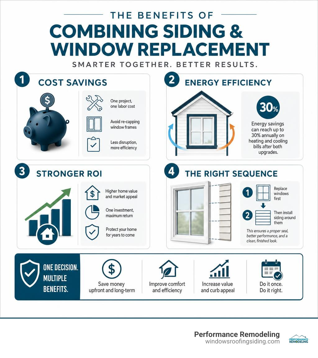 Infographic: Benefits of combining siding and window replacement — cost savings, energy efficiency, ROI, and sequencing Infographic: Benefits of combining siding and window replacement — cost savings, energy efficiency, ROI, and sequencing