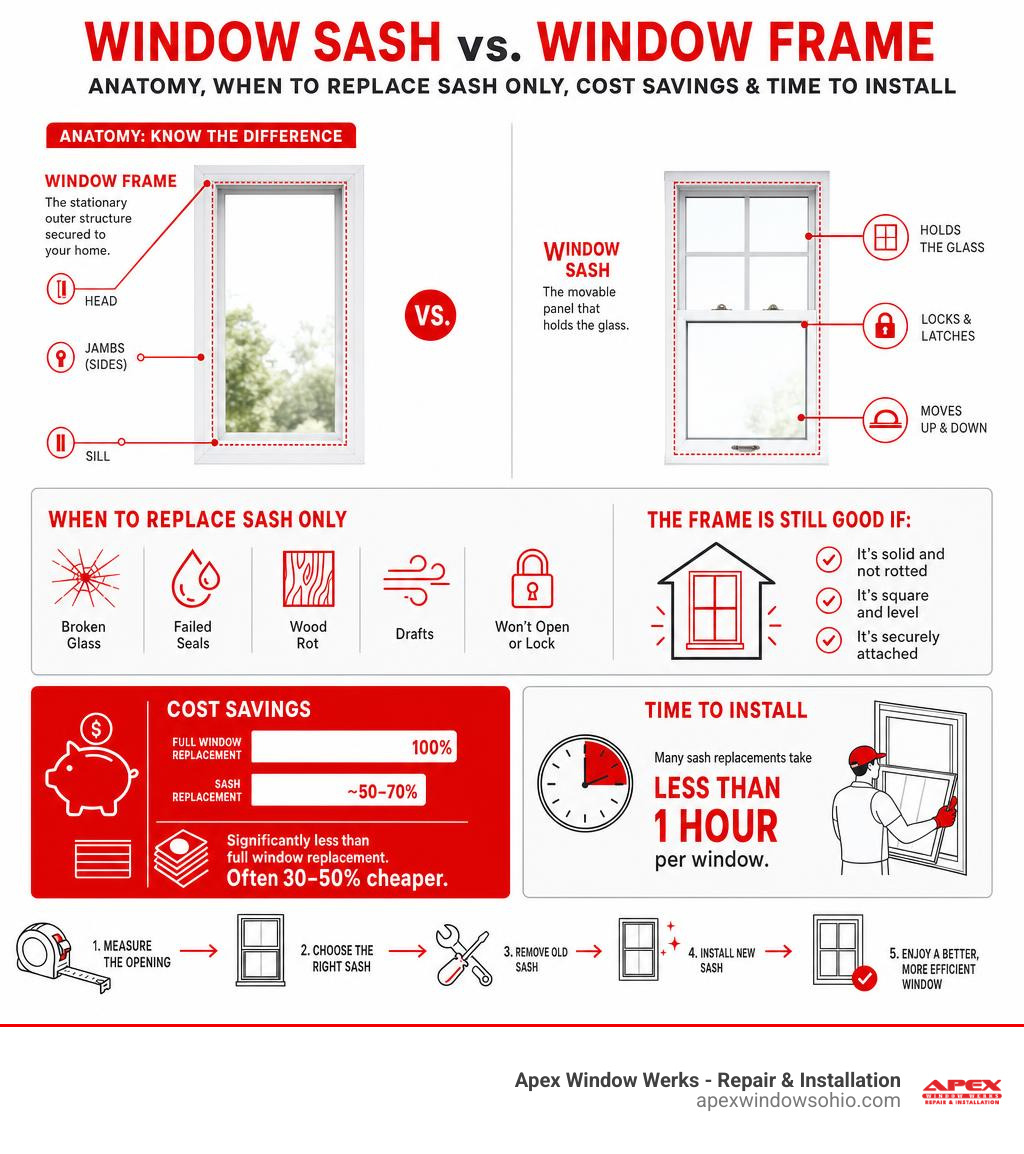 Infographic: Window sash vs window frame anatomy, when to replace sash only, cost savings, and time to install infographic