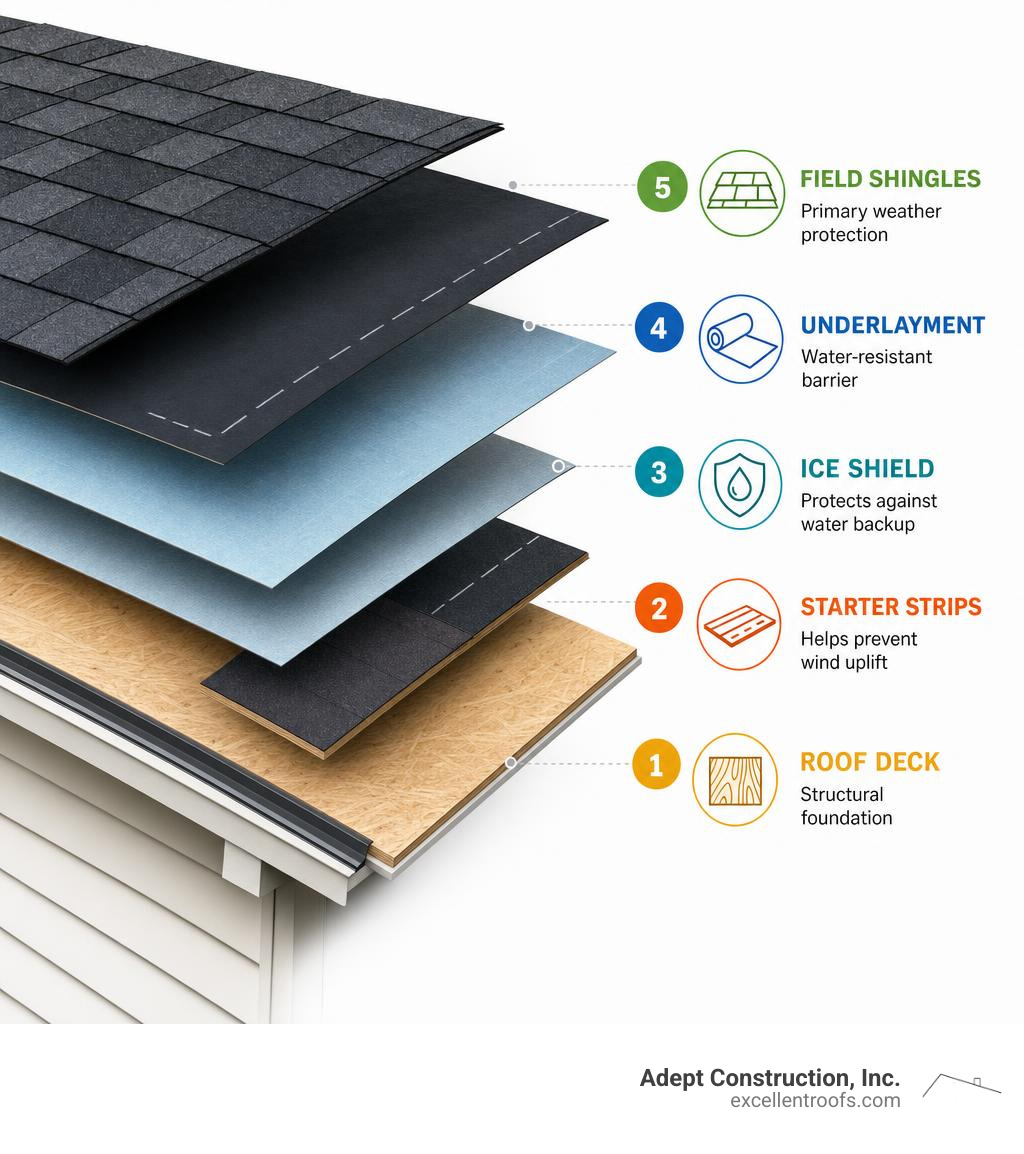 Layers of a standard asphalt shingle roof system showing deck, underlayment, ice shield, starter strips, and field shingles Layers of a standard asphalt shingle roof system showing deck, underlayment, ice shield, starter strips, and field shingles