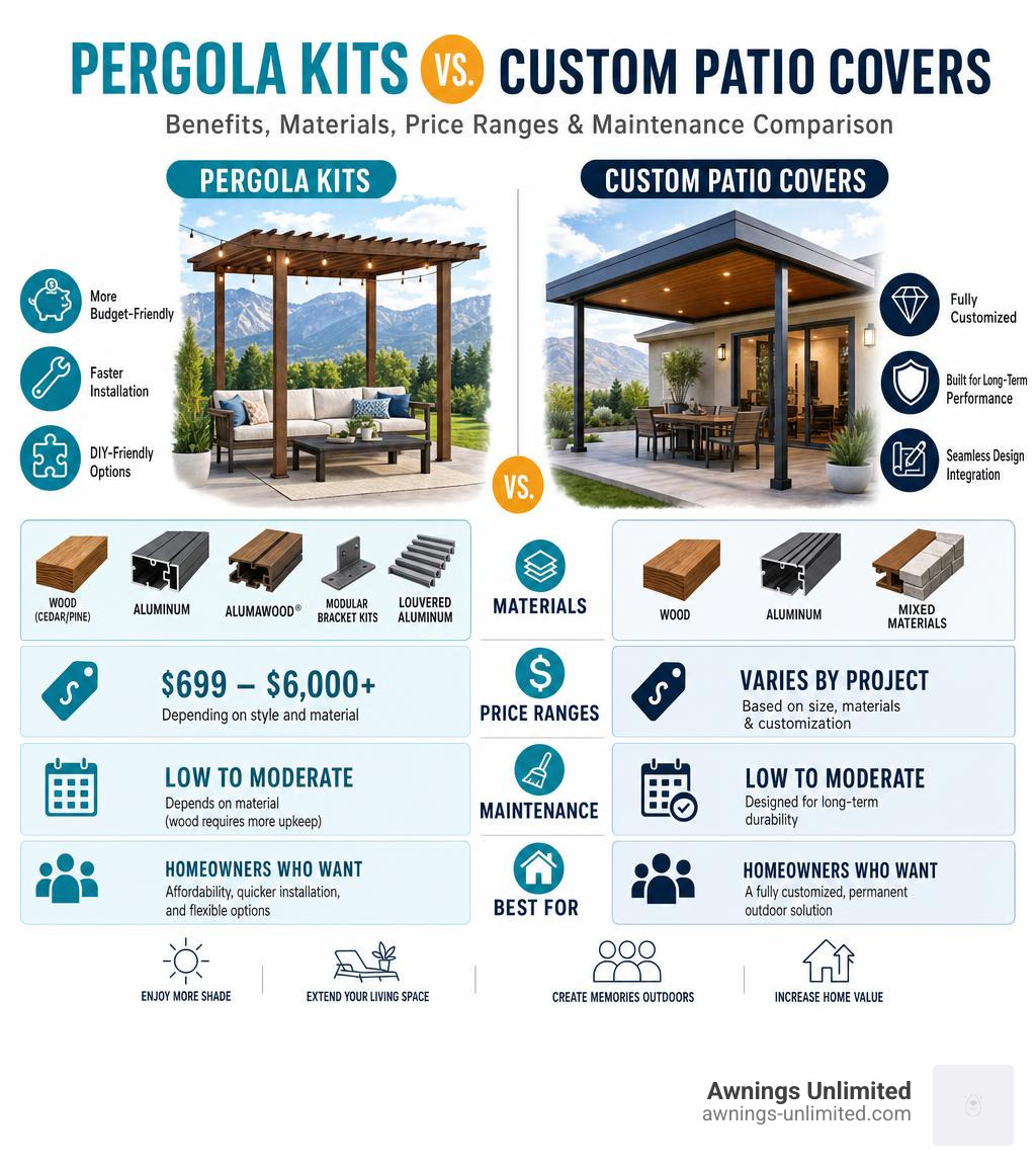 Pergola kits vs custom patio covers: benefits, materials, price ranges, and maintenance comparison infographic infographic Pergola kits vs custom patio covers: benefits, materials, price ranges, and maintenance comparison infographic infographic