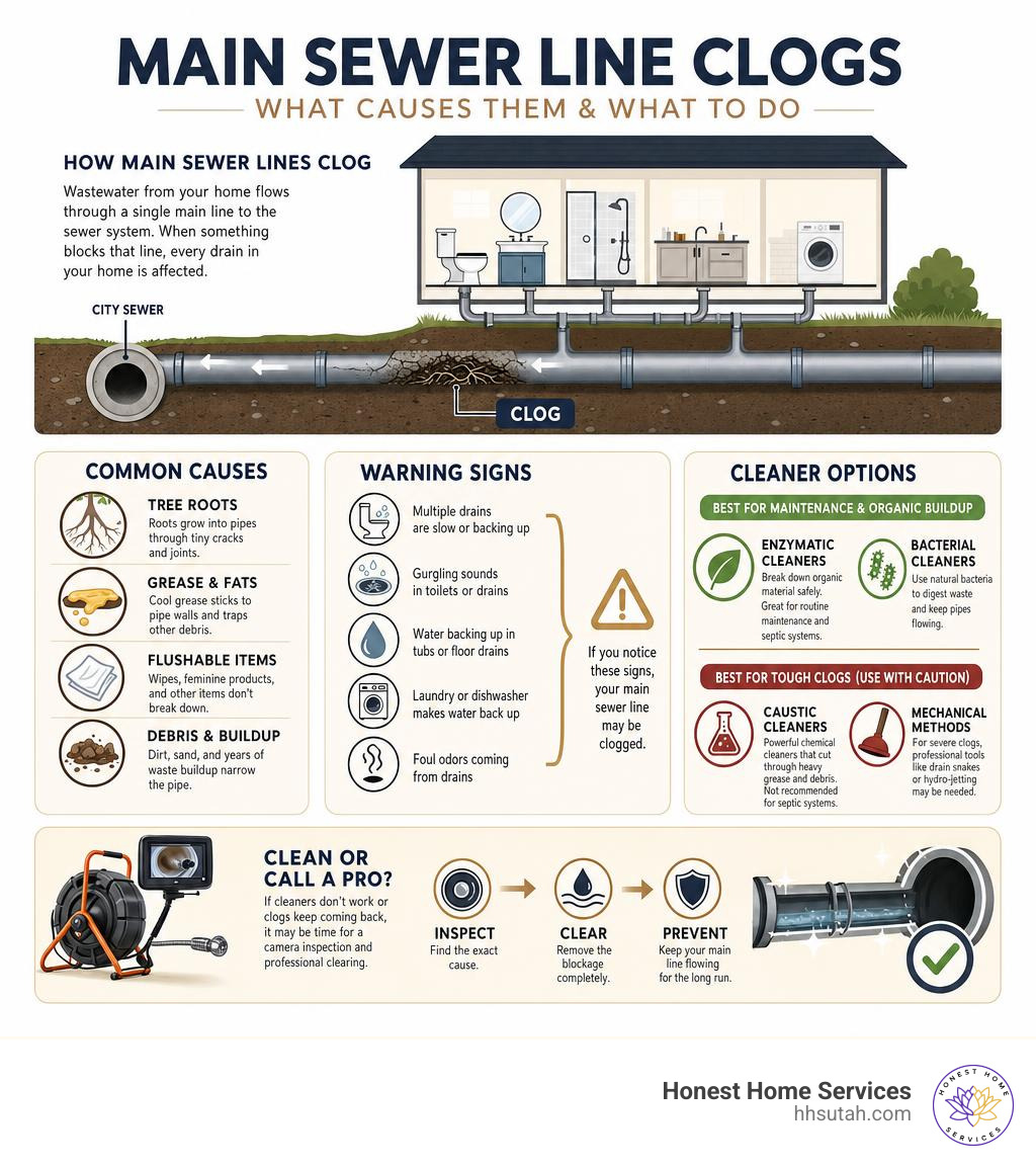 Infographic showing how main sewer lines clog, common causes, warning signs, and cleaner options infographic Infographic showing how main sewer lines clog, common causes, warning signs, and cleaner options infographic