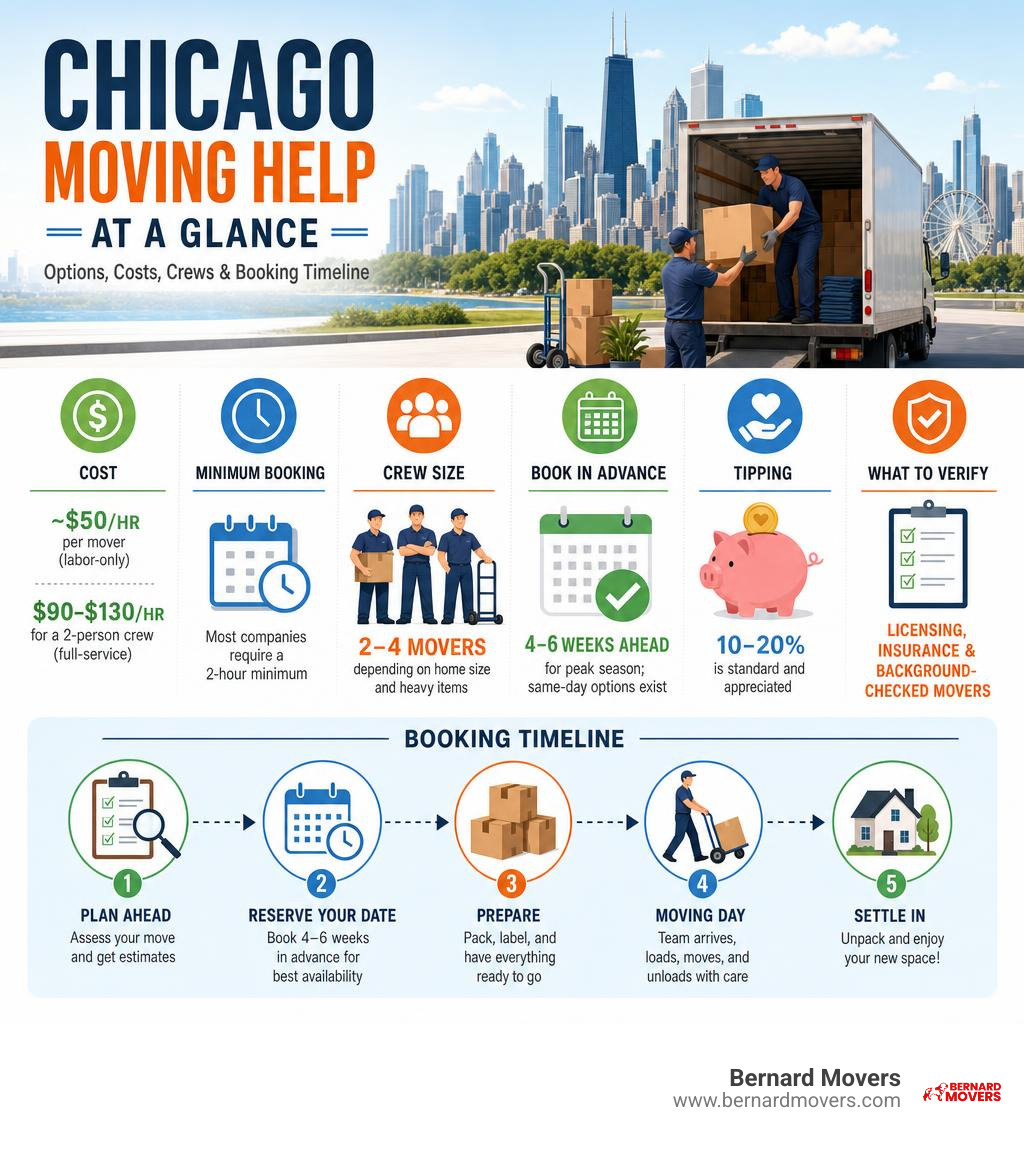 Infographic showing Chicago moving help options, costs, crew sizes, and booking timeline infographic