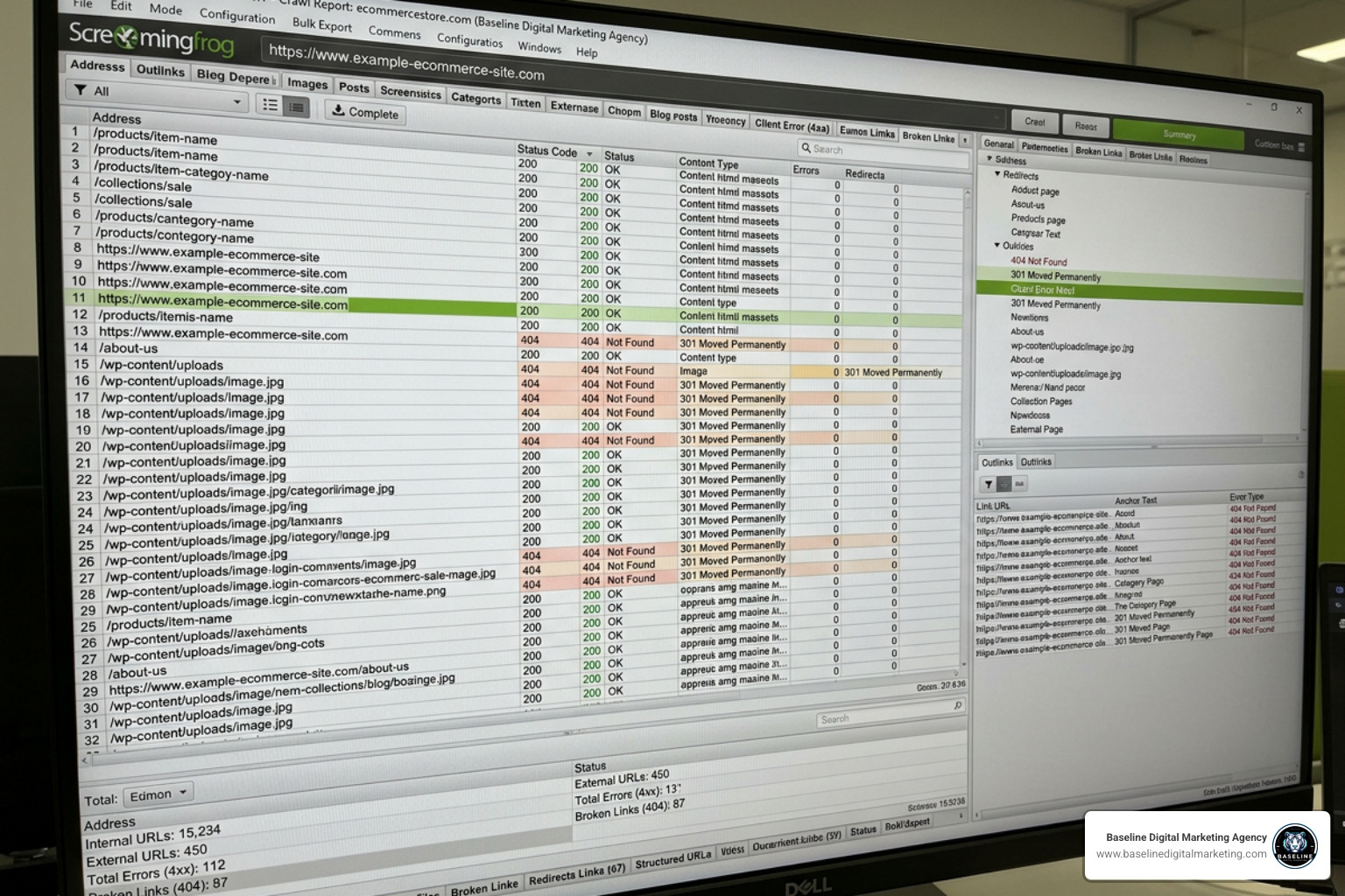 Technical crawl report showing status codes and crawl errors in Screaming Frog Technical crawl report showing status codes and crawl errors in Screaming Frog