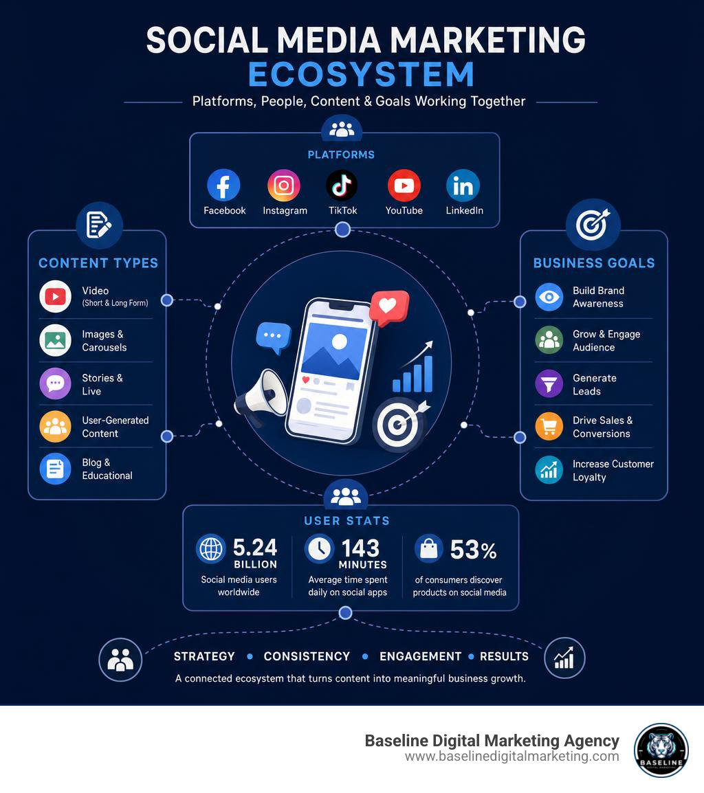 Social media marketing ecosystem infographic showing platforms, user stats, content types, and business goals infographic Social media marketing ecosystem infographic showing platforms, user stats, content types, and business goals infographic