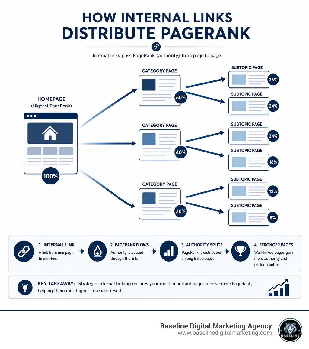 Infographic showing how internal links distribute PageRank across a website's pages infographic