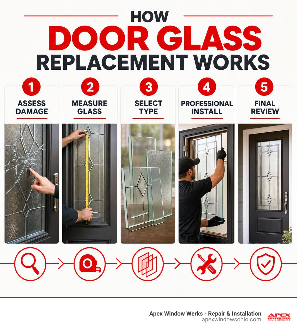Infographic: How door glass replacement works - assess damage, measure glass, select type, professional install, final