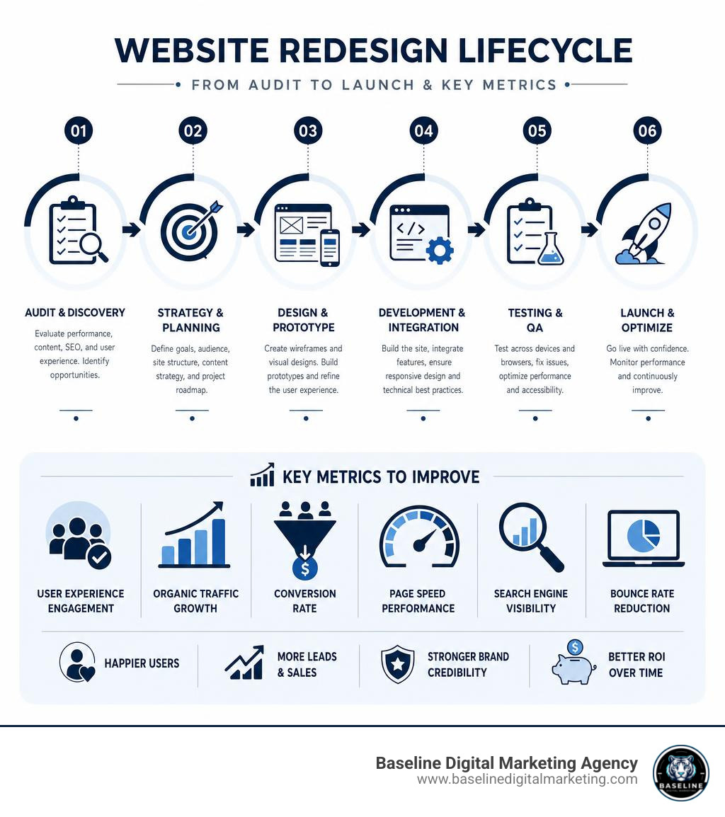 Website redesign lifecycle infographic showing phases from audit to launch and key metrics infographic
