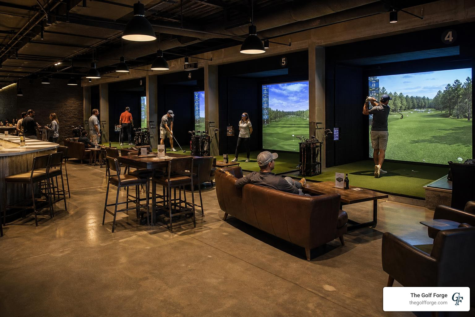 Busy indoor golf lounge with multiple active simulator bays