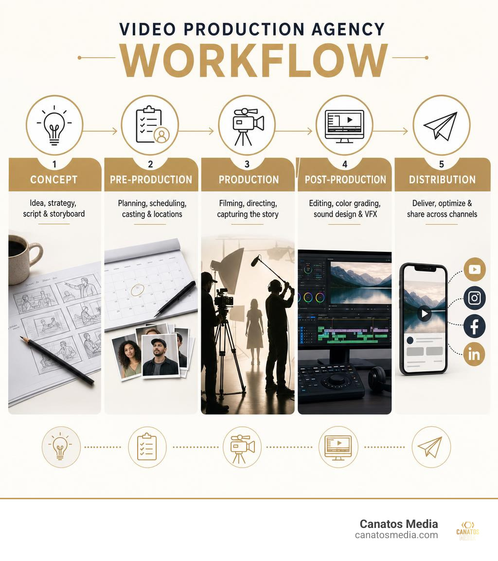Video production agency workflow infographic: concept, pre-production, production, post-production, distribution infographic