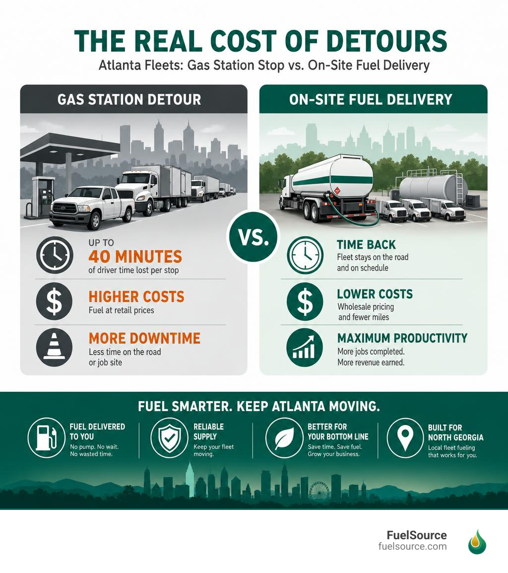 Infographic showing cost of gas station detours for Atlanta fleets vs. on-site fuel delivery savings infographic