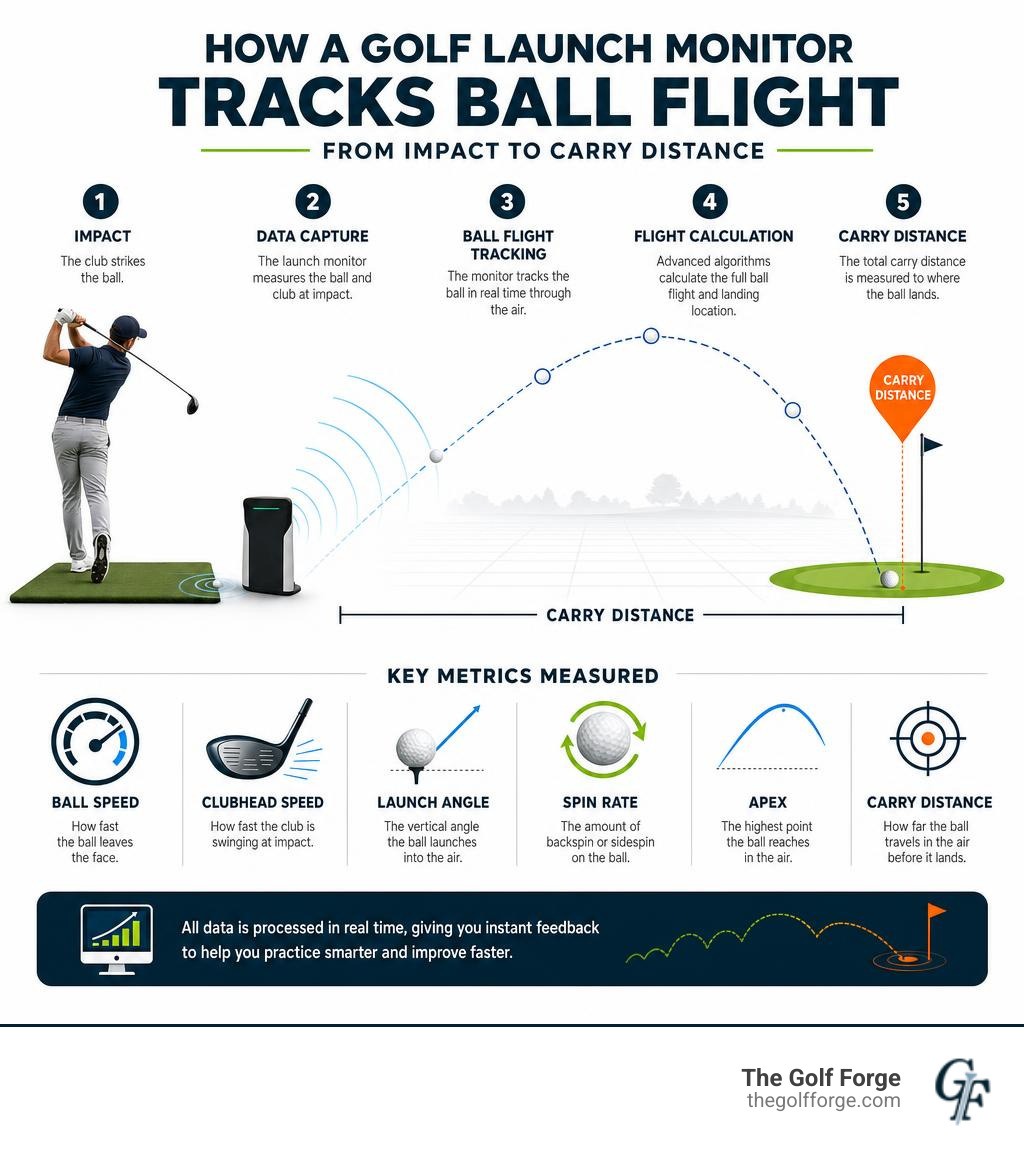How a golf launch monitor tracks ball flight from impact to carry distance infographic