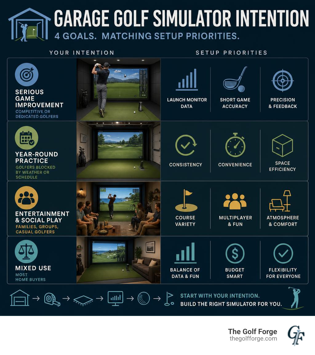 garage golf simulator intention infographic showing four types of simulator goals and matching setup priorities infographic