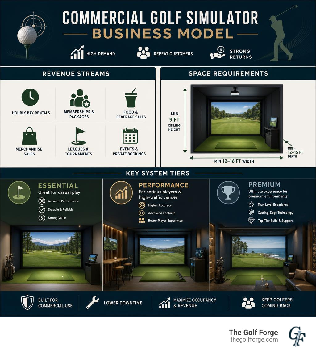 Commercial golf simulator business model infographic showing revenue streams, space requirements, and key system tiers