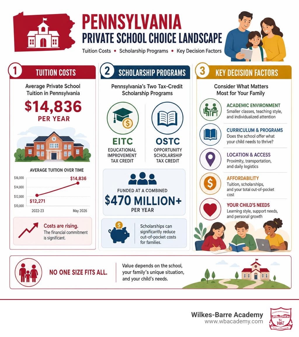 Pennsylvania private school choice landscape infographic showing tuition costs, EITC/OSTC scholarship programs, and key Pennsylvania private school choice landscape infographic showing tuition costs, EITC/OSTC scholarship programs, and key