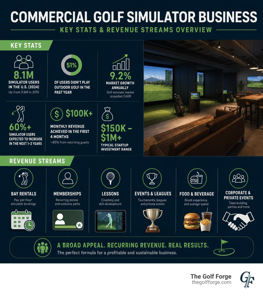Key stats and revenue streams overview for a commercial golf simulator business infographic Key stats and revenue streams overview for a commercial golf simulator business infographic