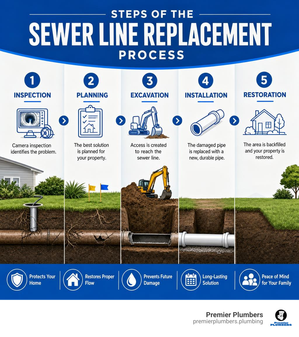 Steps of the sewer line replacement process from inspection to installation and restoration infographic Steps of the sewer line replacement process from inspection to installation and restoration infographic
