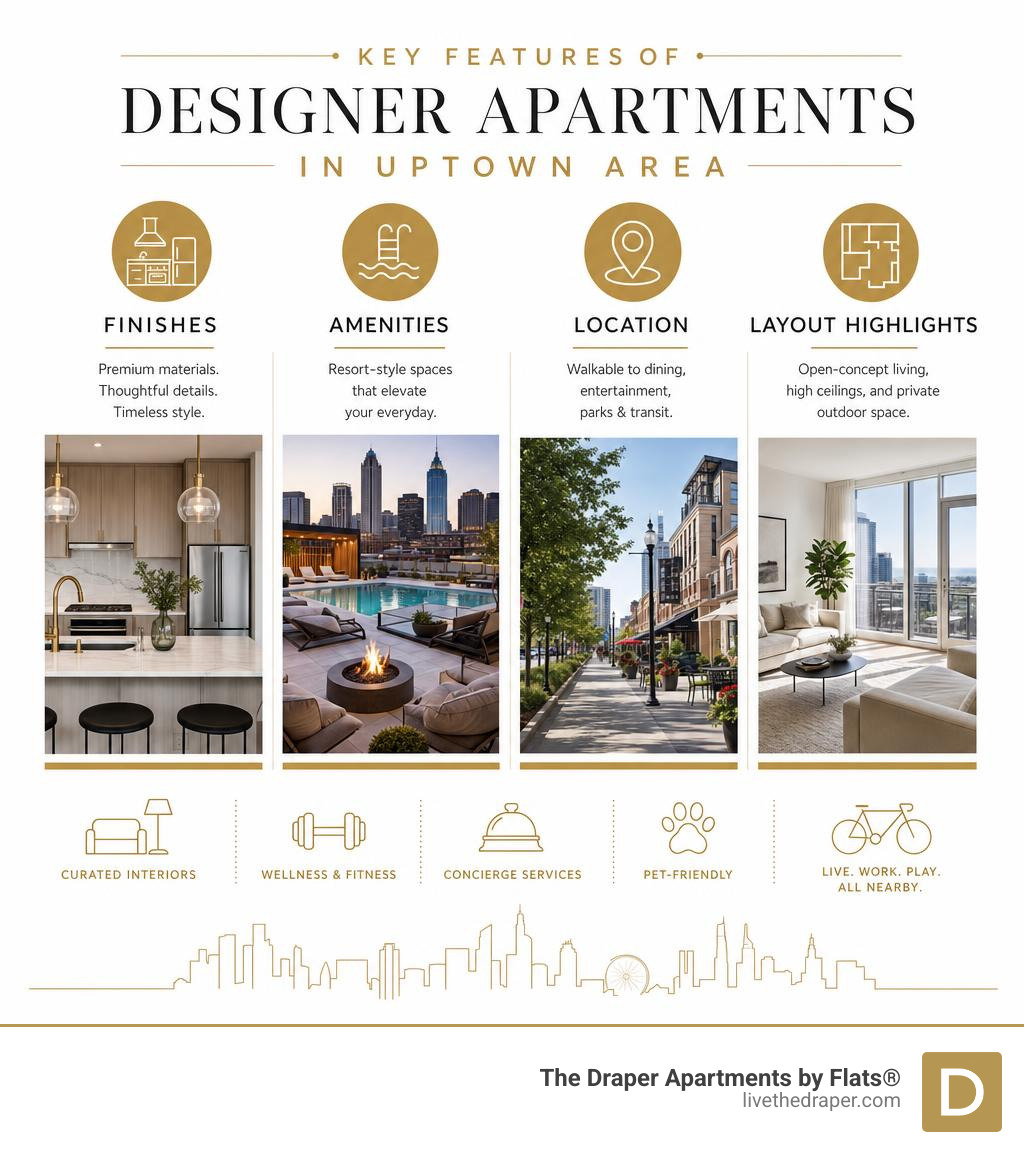Key features of designer apartments in uptown area — finishes, amenities, location, and layout highlights infographic