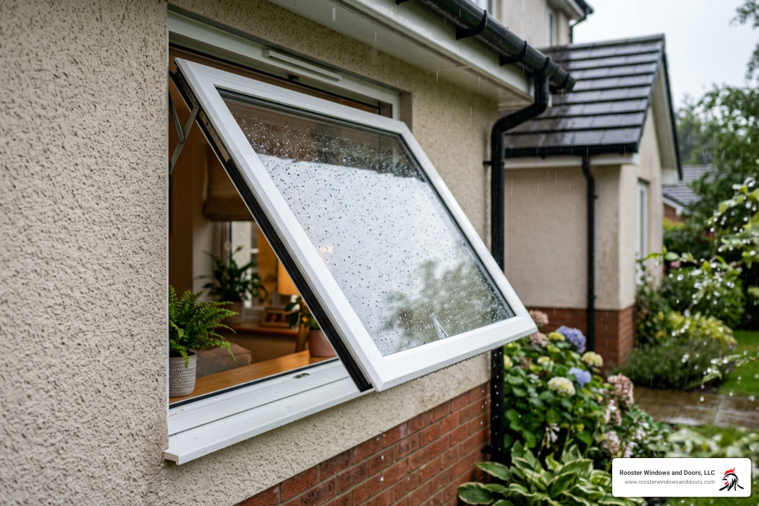 An open awning window providing ventilation during a light rain shower An open awning window providing ventilation during a light rain shower