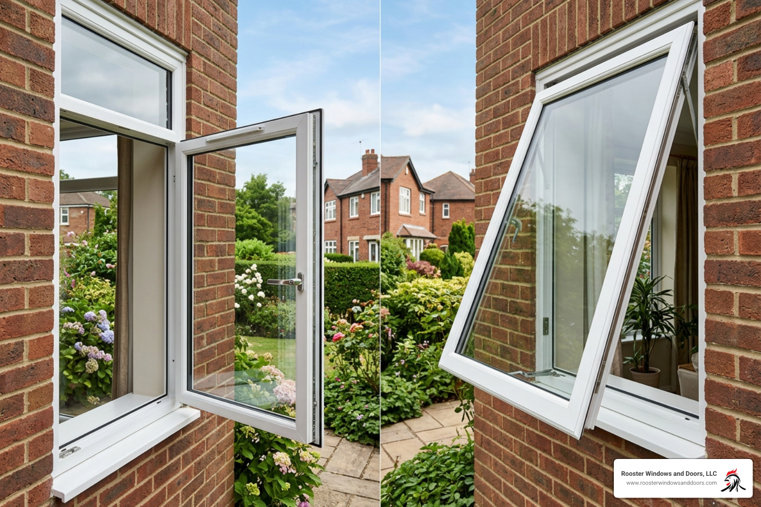 Side-by-side comparison of an open casement window and an open awning window Side-by-side comparison of an open casement window and an open awning window
