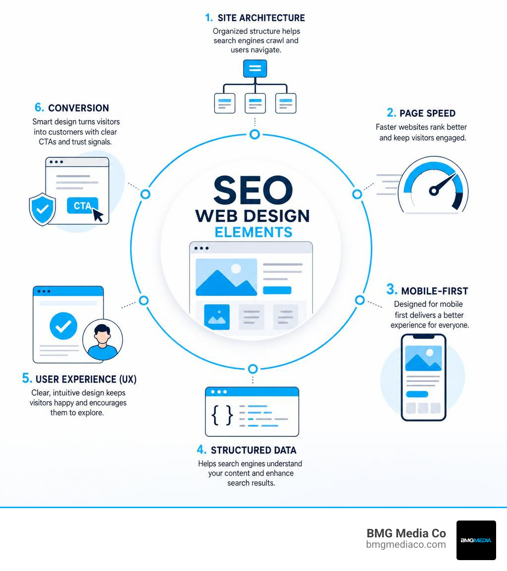 SEO web design elements: site architecture, page speed, mobile-first, structured data, UX, and conversion infographic