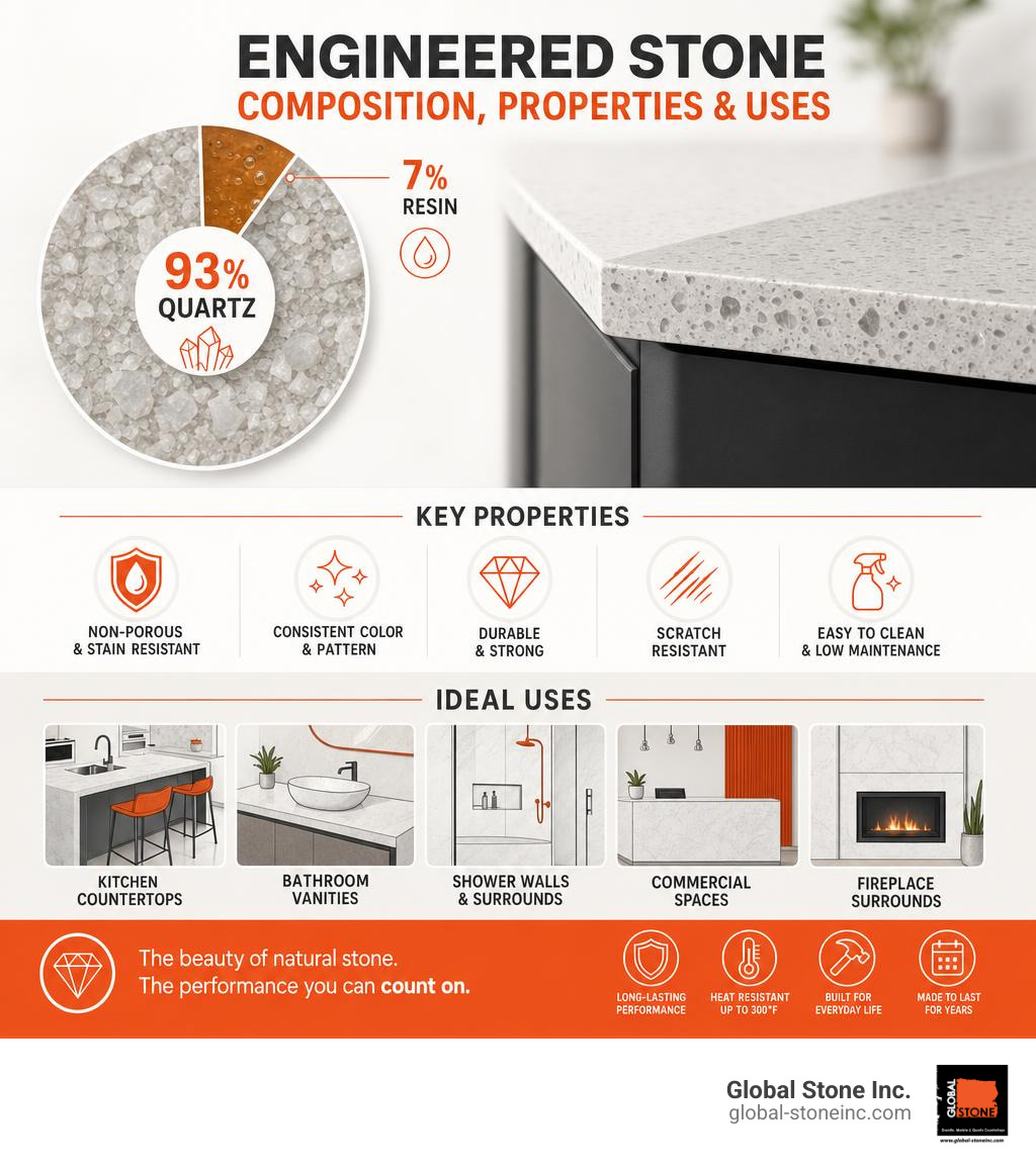 Engineered stone composition breakdown: 93% quartz, 7% resin, key properties and uses infographic