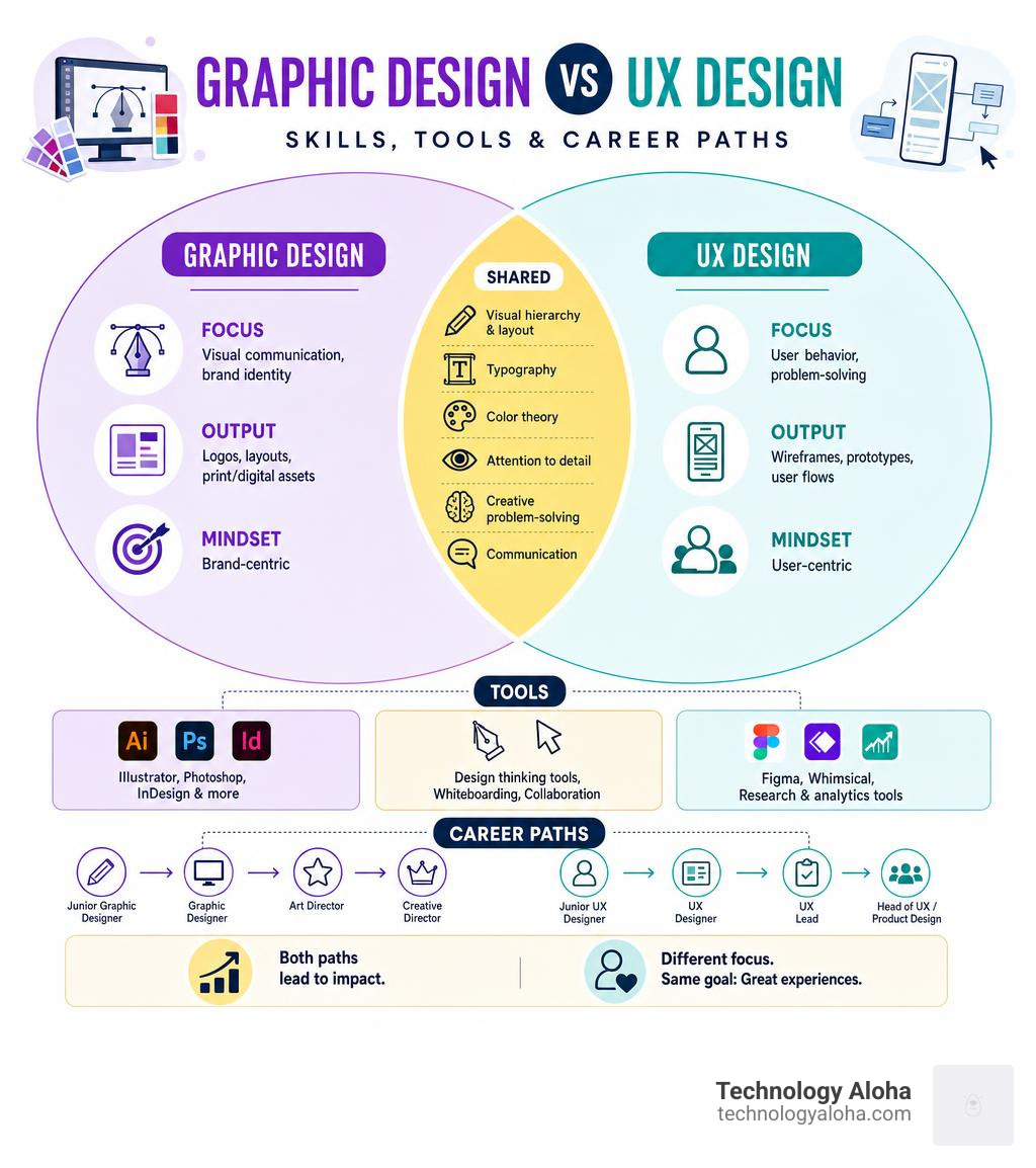 Infographic showing overlap and differences between graphic design and UX design skills, tools, and career paths infographic Infographic showing overlap and differences between graphic design and UX design skills, tools, and career paths infographic