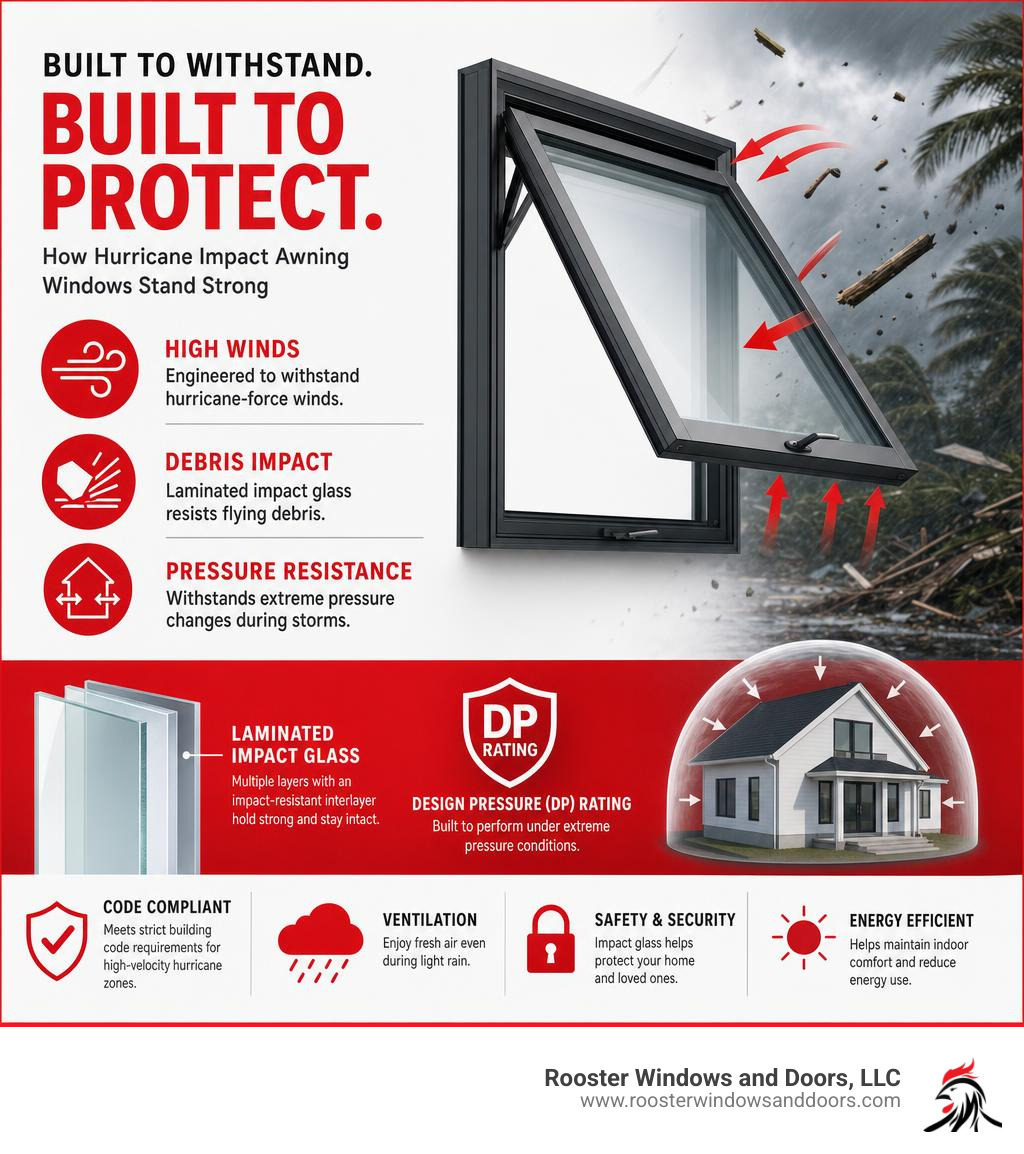Infographic showing how hurricane impact awning windows resist high winds, debris, and pressure with laminated glass and DP Infographic showing how hurricane impact awning windows resist high winds, debris, and pressure with laminated glass and DP