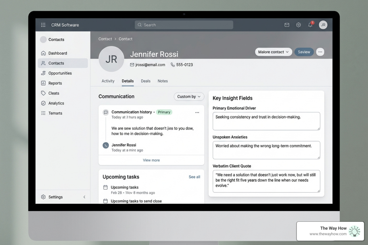 CRM interface display showing client record with integrated empathy mapping fields and qualitative properties CRM interface display showing client record with integrated empathy mapping fields and qualitative properties