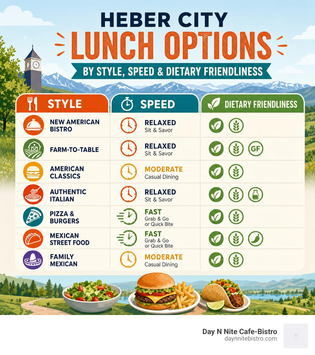Quick comparison infographic of Heber City lunch options by style, speed, and dietary friendliness infographic