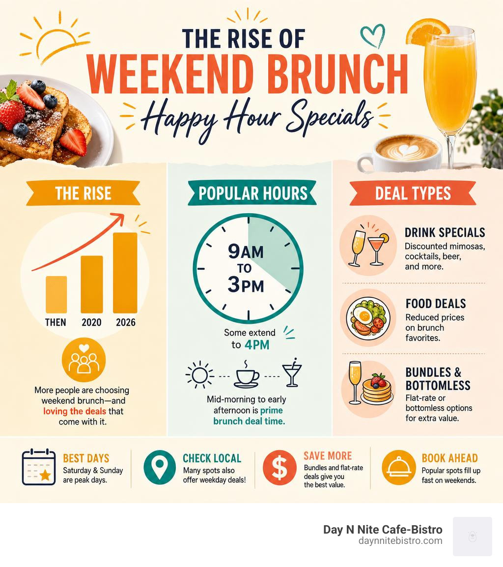 Infographic showing rise of weekend brunch specials, popular hours, and deal types infographic
