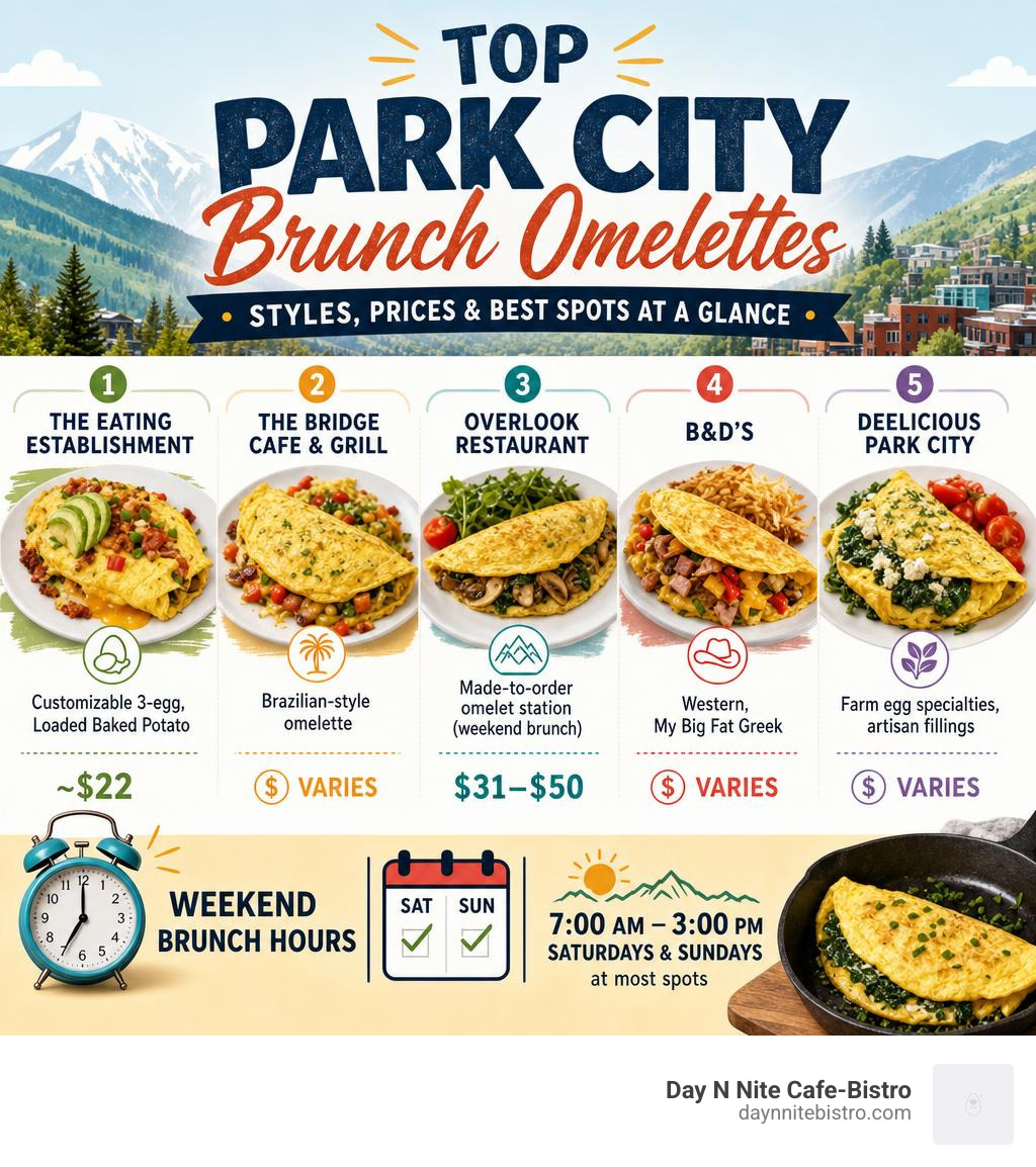 Top Park City brunch omelettes: styles, prices, and best spots at a glance infographic