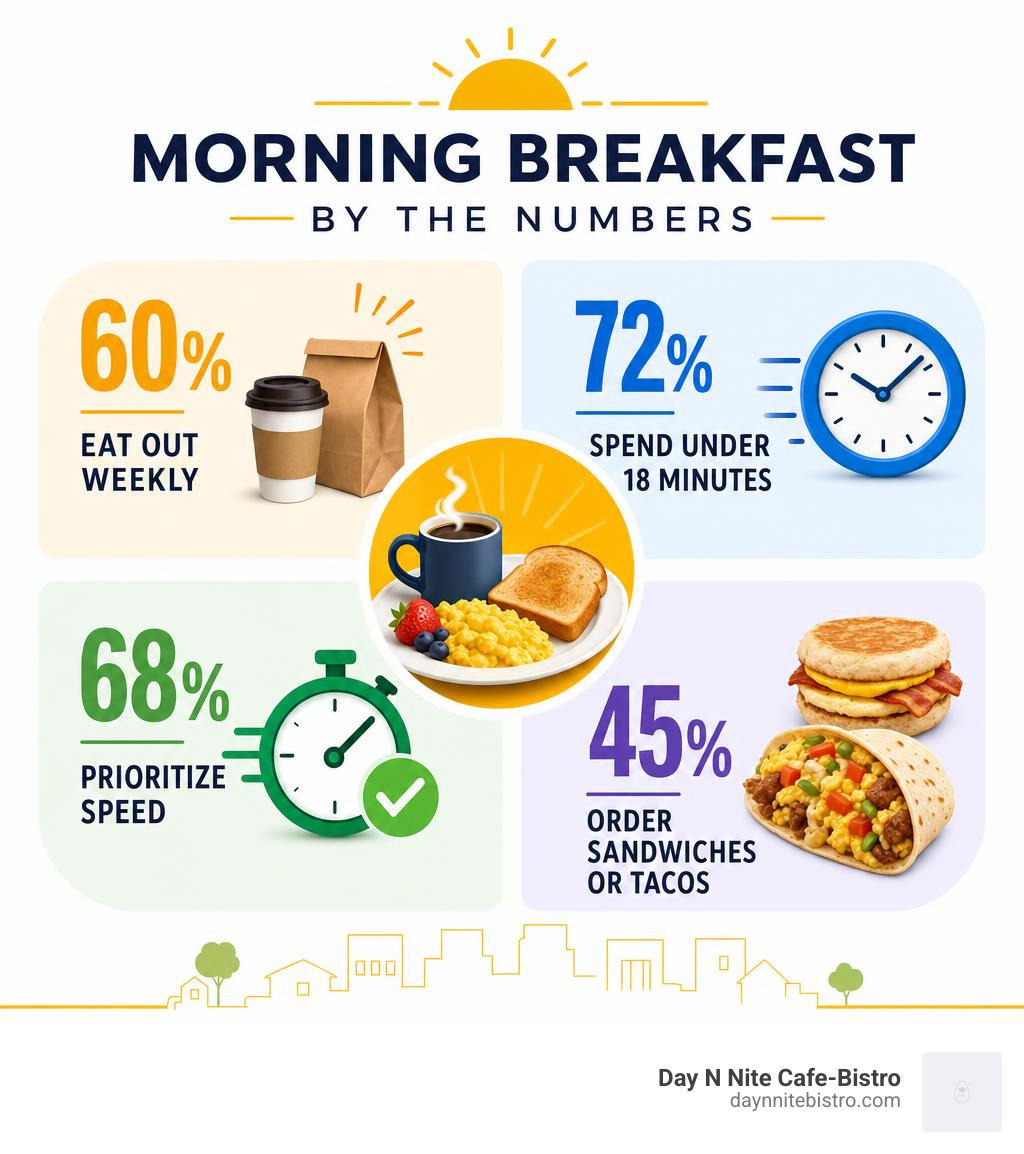 Infographic showing morning breakfast statistics: 60% eat out weekly, 72% spend under 18 minutes, 68% prioritize speed, 45%