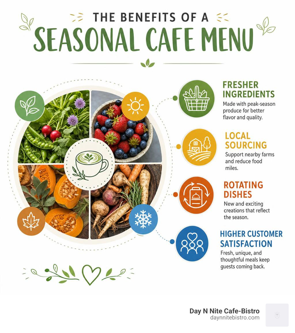 Infographic showing key benefits of a seasonal cafe menu including fresher ingredients, local sourcing, rotating dishes, and
