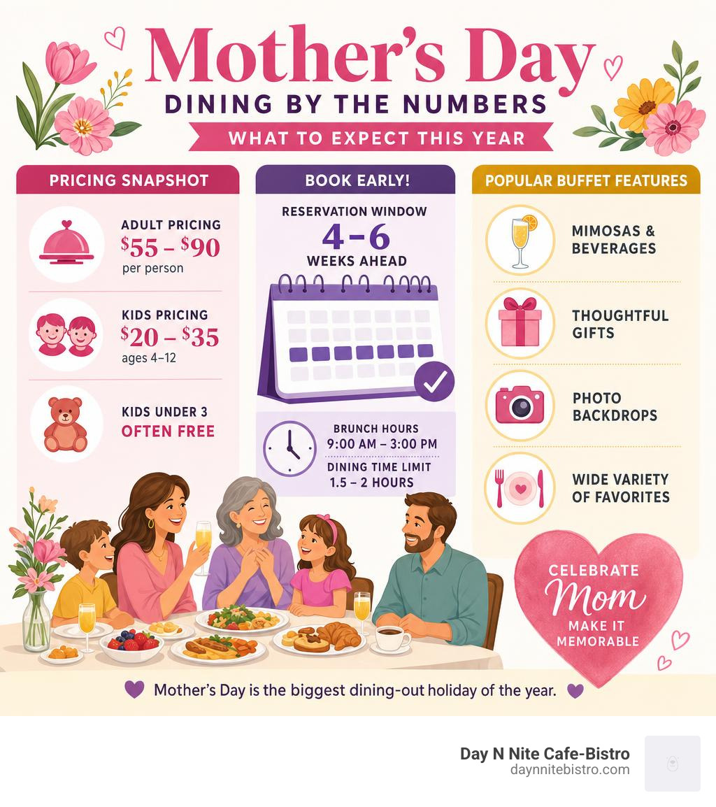 Mother's Day dining statistics infographic showing pricing, booking windows, and popular buffet features infographic