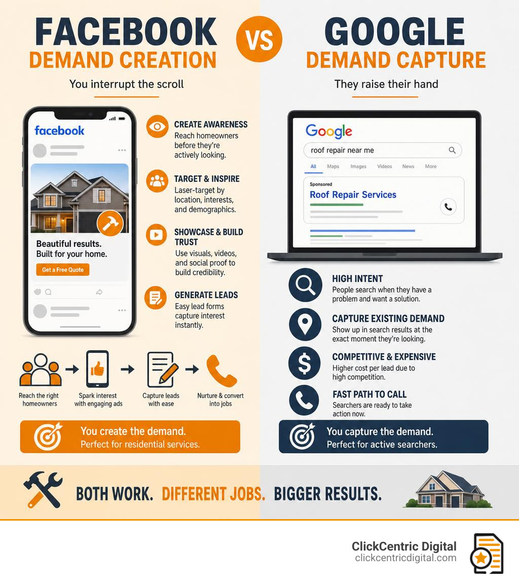 Facebook demand creation vs Google demand capture for contractors infographic infographic Facebook demand creation vs Google demand capture for contractors infographic infographic