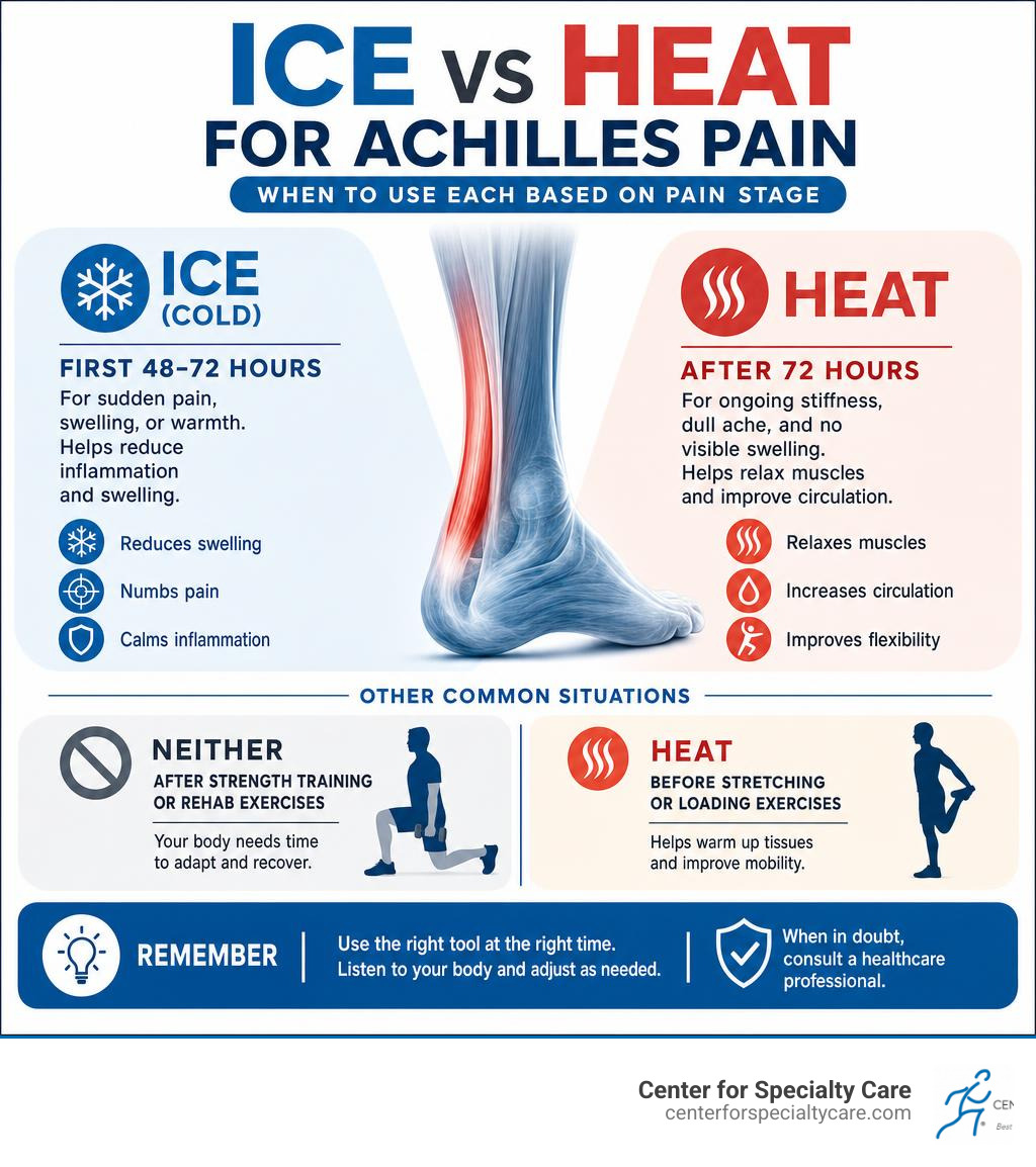 Infographic: ice vs heat for Achilles pain — when to use each based on pain stage infographic